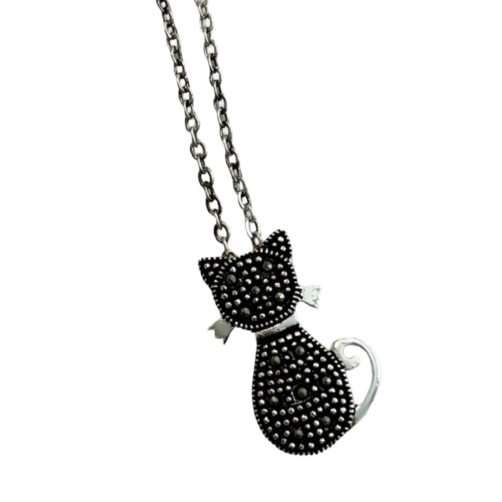 18” Silver Necklace with 1” Marcasite Black Cat Pendant